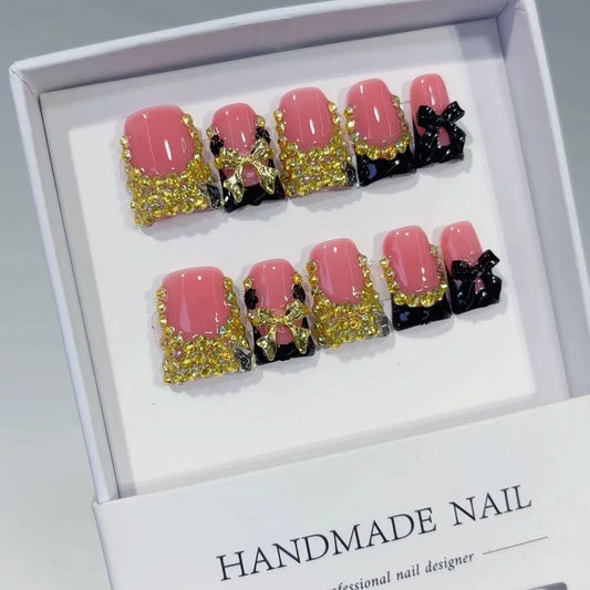 10pcs high-end Sweet and cool girl style, hand-painted three-dimensional bow, dazzling golden round diamonds handmade fake nails