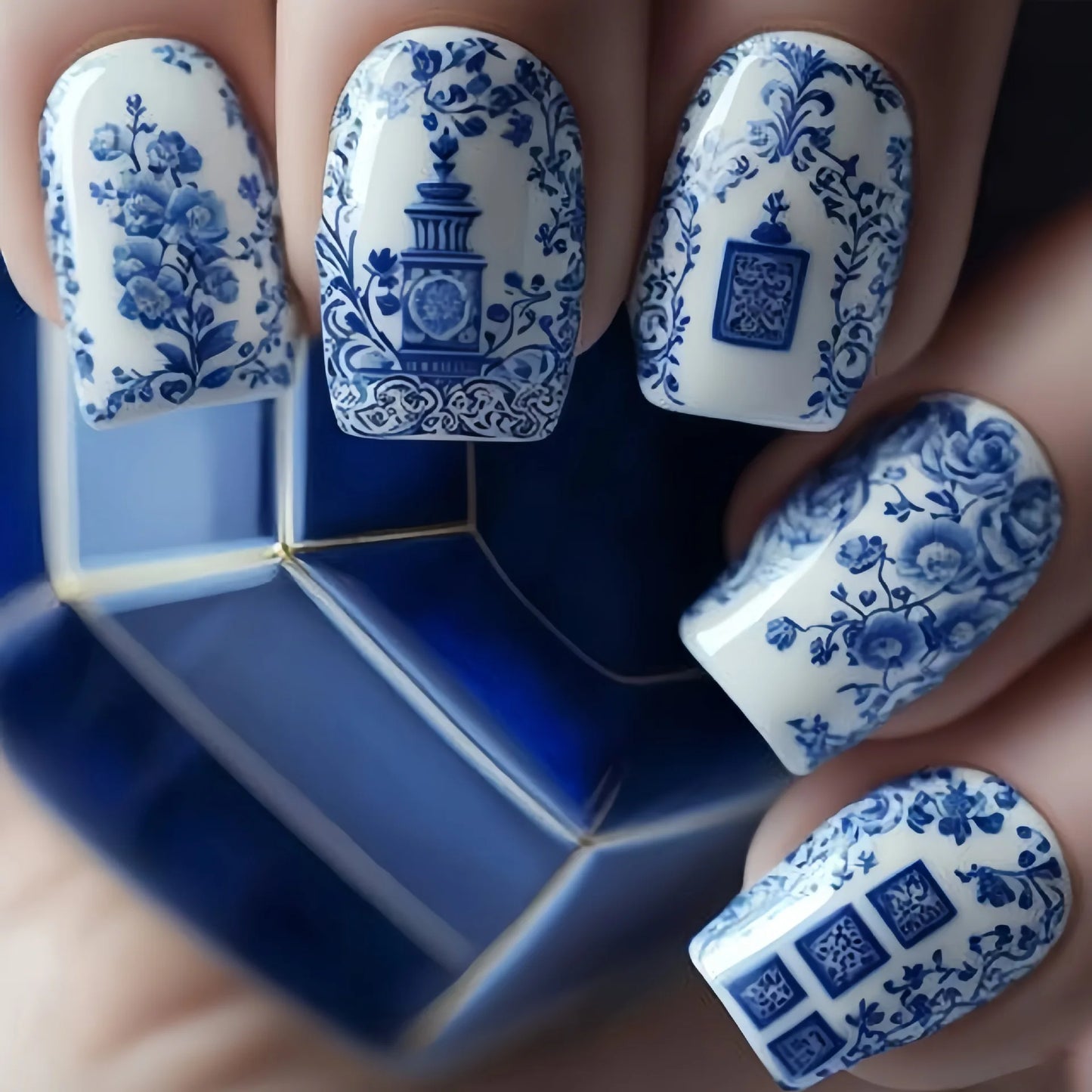 24Pcs Blue False Nails Gradient with French Design Wearable Fake Nails Gradient Short Coffin Full Cover Press on Nail Tips Art