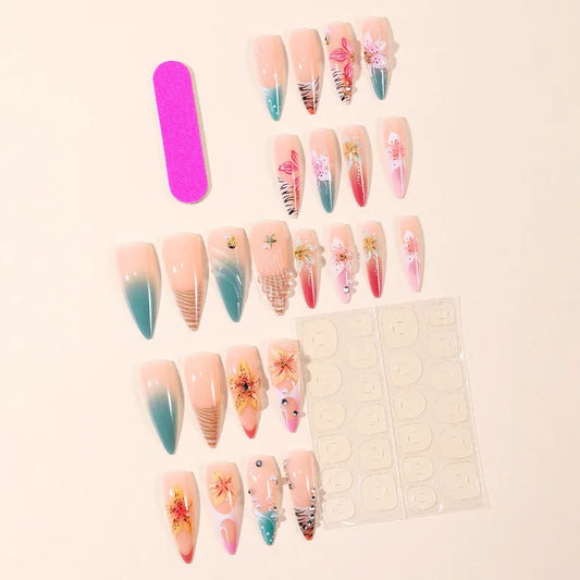 24CS Leopard Print French False Nails Colorful Gradient Almond Press on Nails Summer 3D Flowers with Pearl Fake Nails for Women