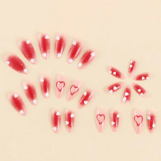 24PCS Sweet Style Press on Nails Almond Shape Bright Powder Blusher Halo Dyed Gradient Love Heart Design Manicure Valentines Day