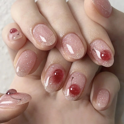 24Pcs Cat's Eye Milk White French Fake Nails Pink Bow Pearl Press on False Nails Short Round Head Reusable Full Cover Nails Tips