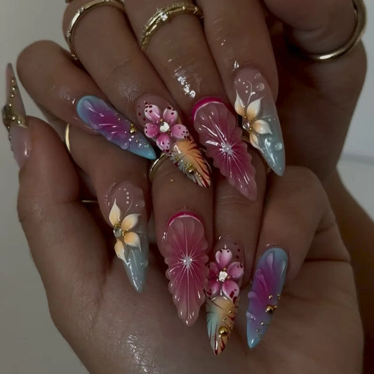 24Pcs Pink Gradient False Nail 3D Flower Rhinestone Design Press on Fake Nails Long French Almond Wearable Full Cover Nails Tips