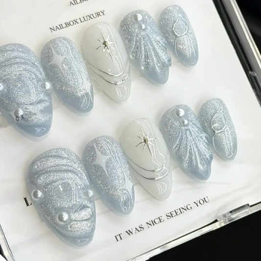 24Pcs Almond Detachable Press on Nails Cat's Eye Rhinestone Pearl Fake Nails Silver Irregular Design Full Cover False Nails Tips