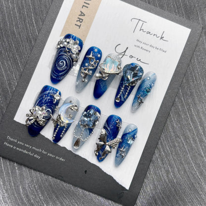 10Pcs High Quality Handmade Press on Nails Simple And Elegant  Royal Blue Depth Gentle And Graceful  Stick-on Nail Art Retro