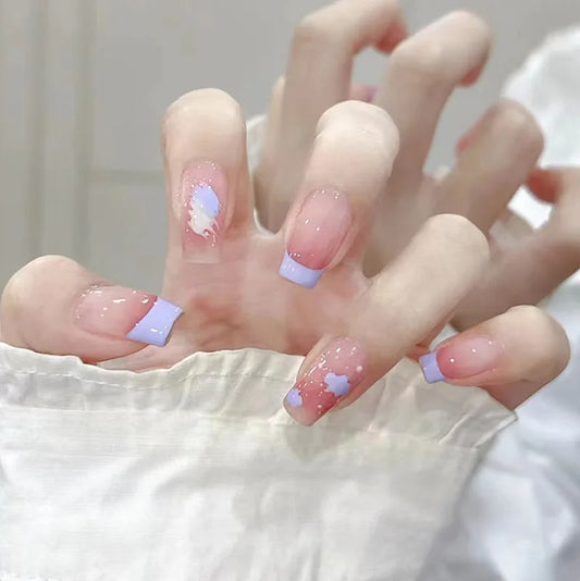 24pcs Colorful Rhinestone Full Cover Nail Tips Gradient Blue Ballet False Nails Simple Square Fake Nail Finished Press on Nails
