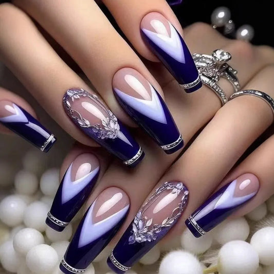 24pcs Press on Nails Fashion Blue French Tips with Flower Design Fake Nail Long Ballet Coffin False Nails Wearable Manicure Sets