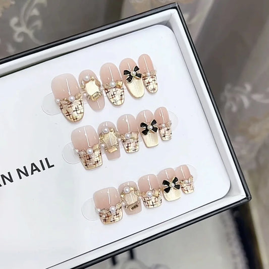 10pcs high-end French caramel cat's eye high-end sparkling bow handmade fake nails, This is a retro and elegant style for a rich