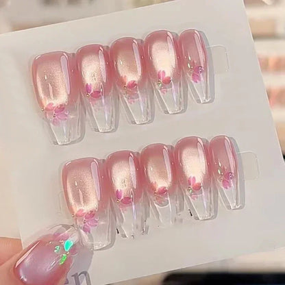 Sakura – Pink Cat Eye Pearl French Coffin Press-On Nails