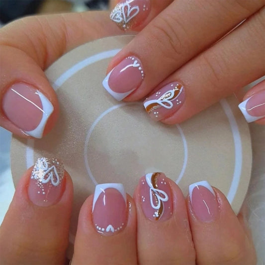 24PCS Medium Square Pressed Nail, White French Pointed Fake Nail, Gold Shiny Heart-Shaped Design, Valentine'S Day Nail