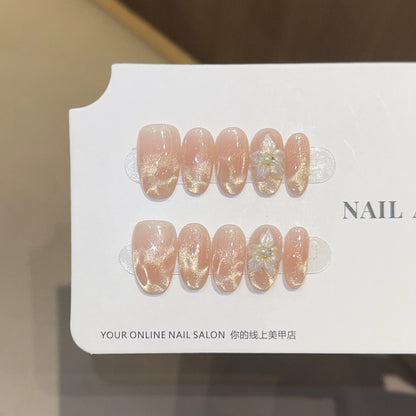 10Pcs Pink Shiny Cat Eye Sweet Lovely Nails Sticker 3D Flowers Almond Oval French Finished Fashion Fake Nail Full Cover Press On