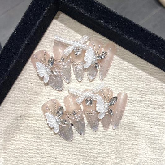 10Pcs 3D Butterfly Rhinestone Fake Nail Cat's Eye French Handmade Full Cover Nails Tips Long Round Reusable Press on False Nails