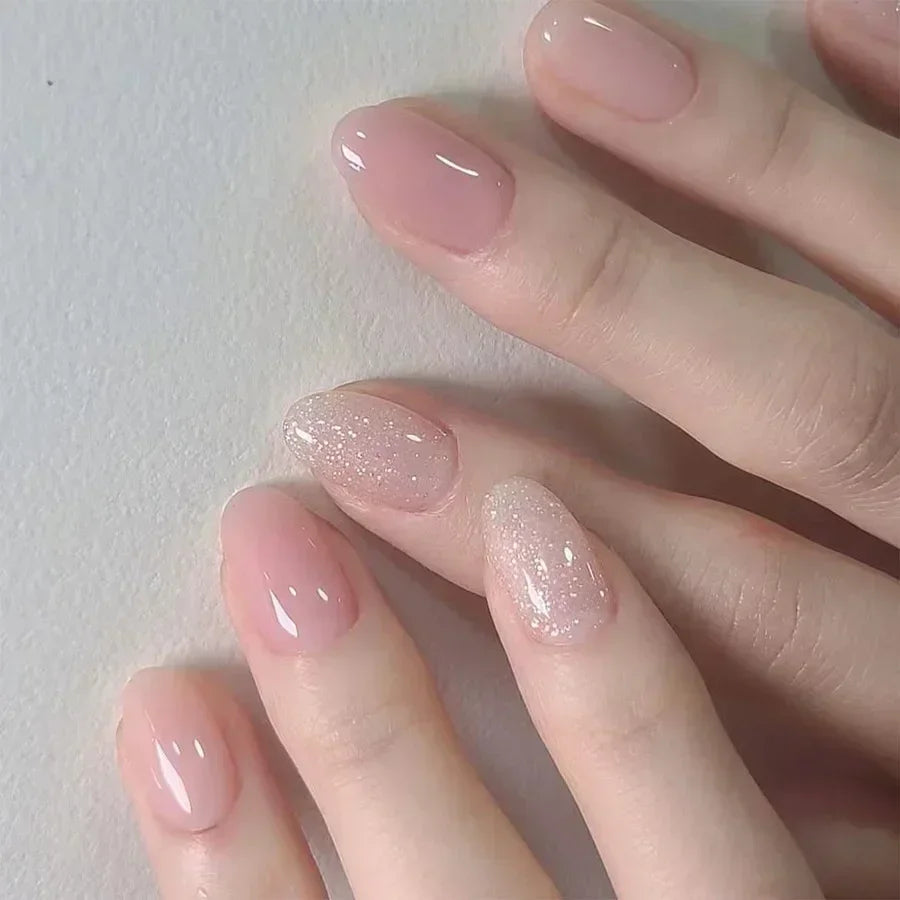 24Pcs Almond Fake Nails with Shimmery Powder Simple Nail Art Ombre French Full Cover Wearable Nail Manicure Tips for Girls Daily