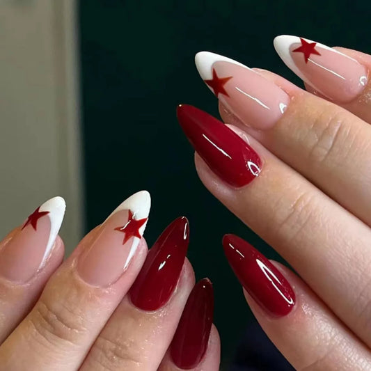24pcs Star Pattern Full Cover Nail Tips Simple French Red Long Almond Fake Nail Sets Detachable Press on False Nails Finished