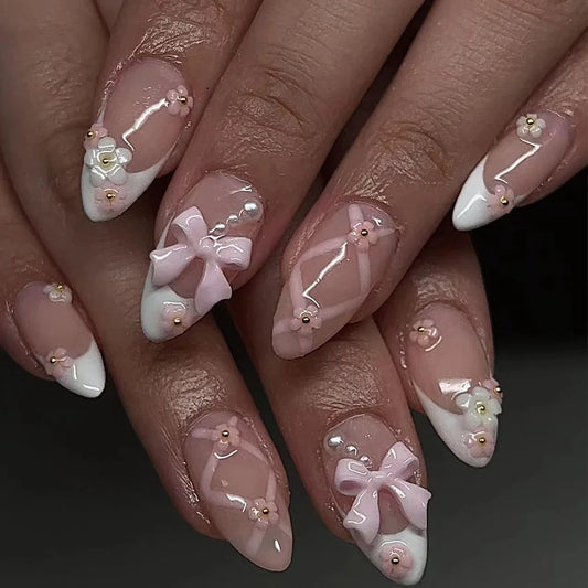 24pcs Pink Bow Fake Nails Art with Flower Design French White False Nail Fashion Mid-length Almond Press on Nails Finished Sets