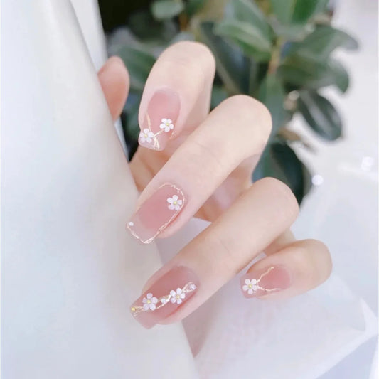 24Pcs Simple French Square Head Press on False Nails Peach Blossom Fake Nail Wearable Finished Manicure Full Cover Nail Tips