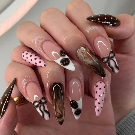 3D fake nails for women girls gradient brown blue pink polka dots star flowers coffee beans strips design press on false nail