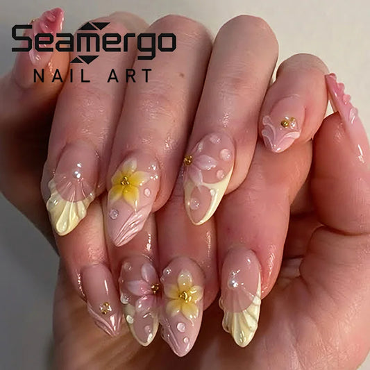 24PCS Almond Press on Nails 3D Flower Leaf Pearl Rhinestone Decor Pink Yellow Shell Nude Sweet Style Glossy Reusable False Nails
