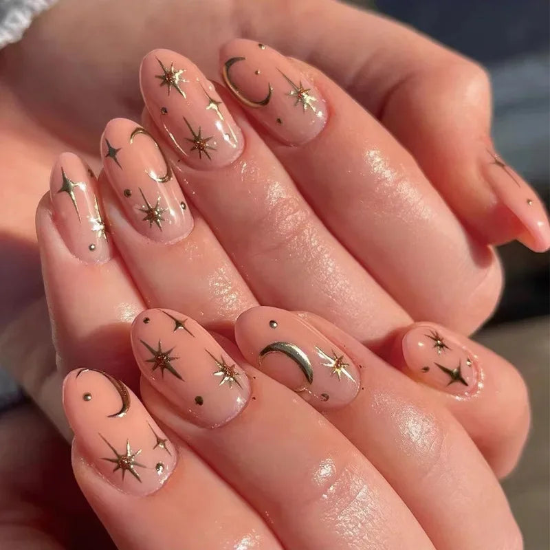 Shiny Rhinestone Stars Golden 3D Line French Nail Art Fashion Wearable Fake Nails Detachable Finished False Nails Press on Nails