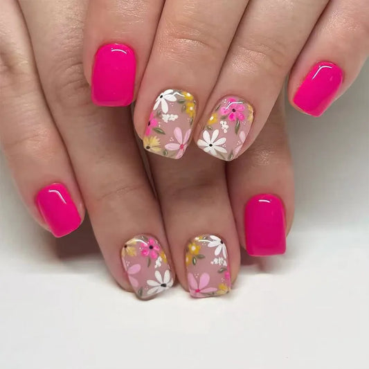 24Pcs Short Square Head Full Cover Nails Tips Spring Rose Red Flower with Design False Nails Art Detachable Press on Fake Nails