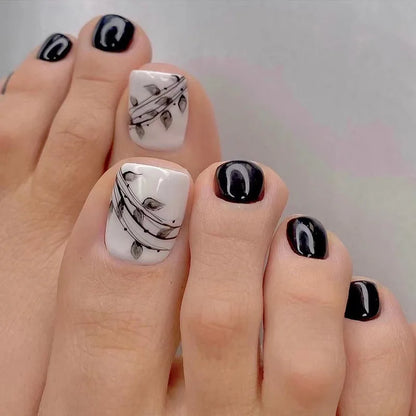 Flow Chocolate Design Artificial Toenails Glossy Fashion Toe Fake Nails with Glue Wearable Short Flat Shape Fake Toenails
