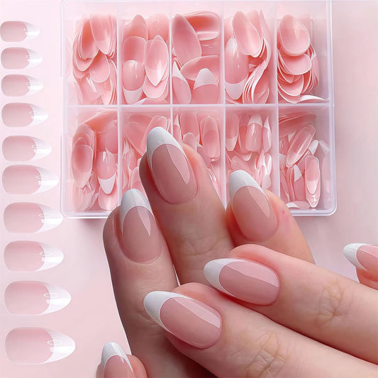 120/240/360PCS Box Glossy Soft Gel Pink French Nail Tips Medium Almond White Simple Press On Nails Huge Capacity False Nails*&