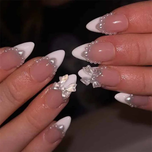 3D Bowknot Love Stars Polk Dot Pearl Brown Pink French Nail Art Fashion Fake Nail Detachable Finished False Nails Press on Nails