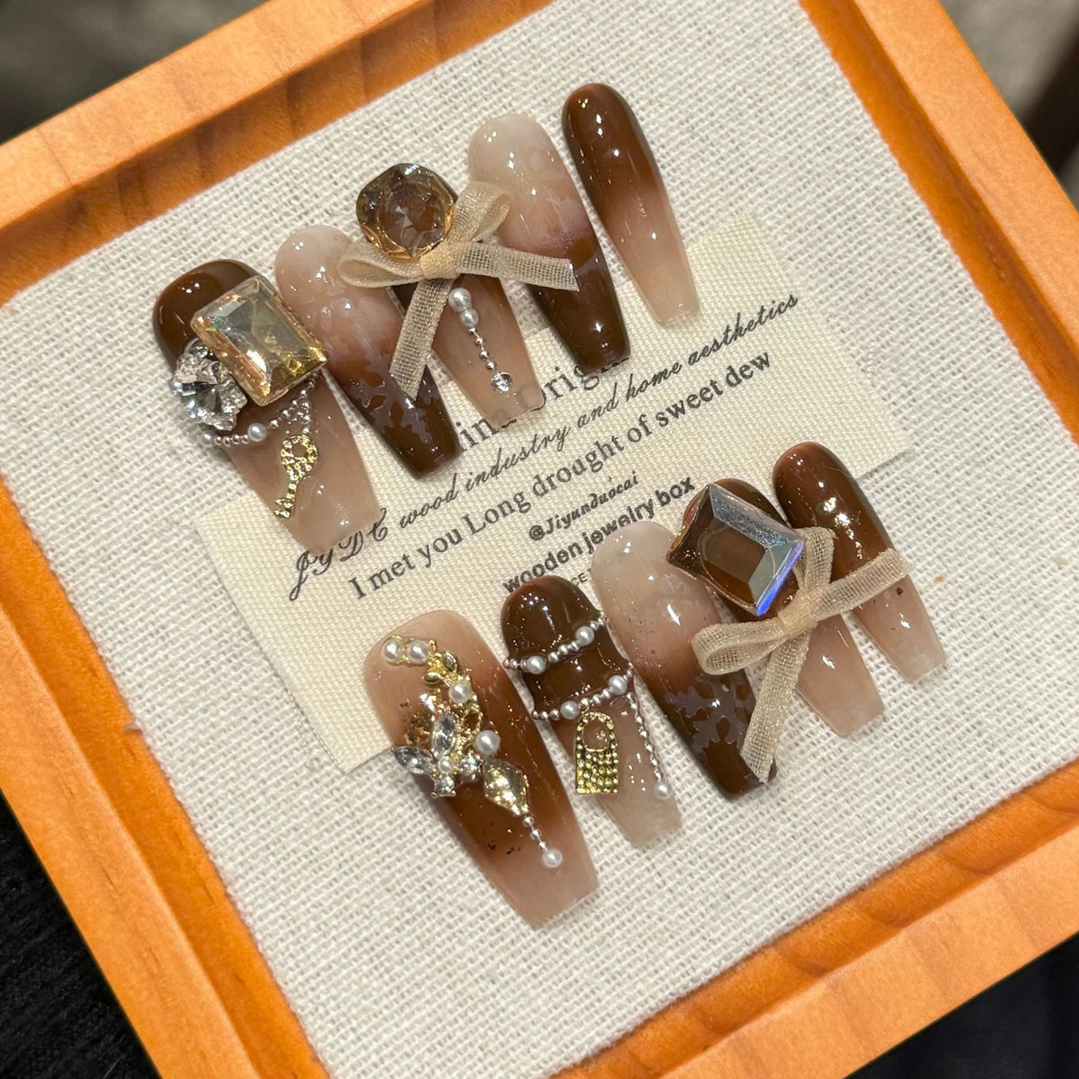 10pcs Gradient Brown French Tips False Nails Long Ladder Phototherapy Sweet Handmade Fake Nails Bows Diamond Decor Press On Nail