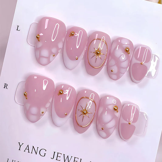 24pcs Colorful Flower Fake Nail Spicy Girls with Rhinestone Design Long Almond False Nails Press on Detachable French Manicure