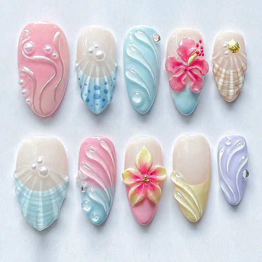 24Pcs Summer Ocean Blue Fresh Fake Nail Stickers French Almond Pearls Stripes Decorations Artificial Nail Tips Art Wearable Nail
