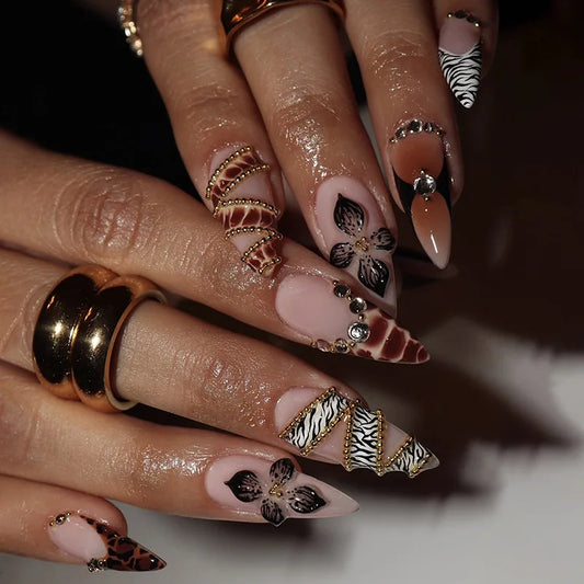 24Pcs Long Stiletto Press on Fake Nails 3D Flower Rhinestone Design False Nails Gilded Pattern Detachable Full Cover Nails Tips