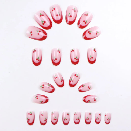 24pcs Upgrade Your Look With Red-edged cherry almond false nail set 1pc Nail File & 1Nail Glue Sticker Kit Nails