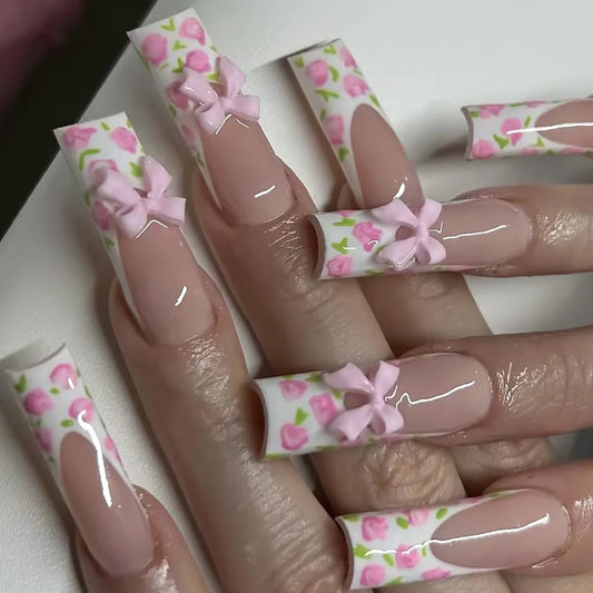 24pcs Long Square Wearable False Nails Art Gold Leaf Press on Nails Pink Gradient French Tips Full Cover Flower Design Fake Nail