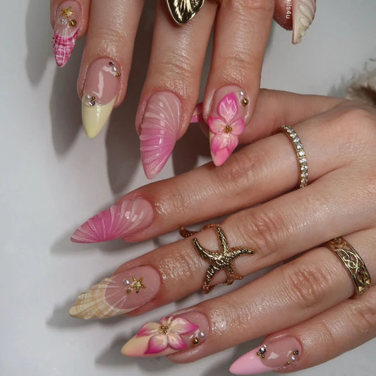 24pcs DIY Fashionable False Nails Smudging Pink Yellow Flower Print Sweet Fake Nails Seashell French Style Summer Press On Nail
