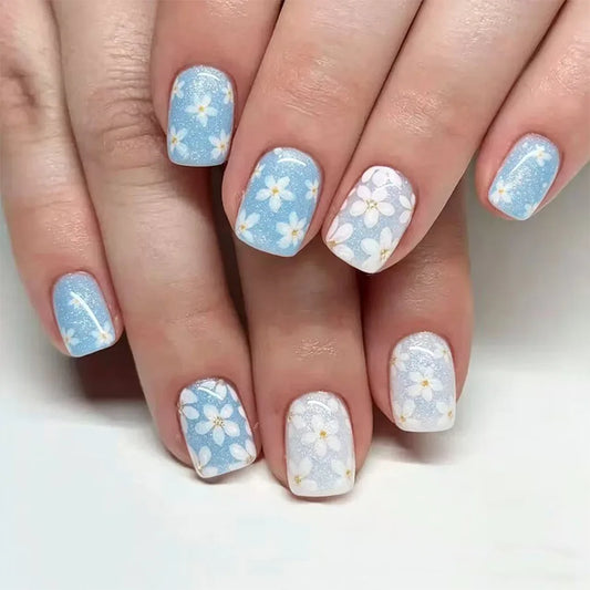 24Pcs Blue White Flower Shiny Powder Nails Set Press on Spring Summer Square Head Fake Nail Reusable Full Cover False Nails Tips