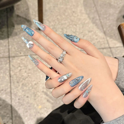 10Pcs White Swan Handmade False Nails Glitter Haze Blue Grey Cat Eye Press On Nail Angel Wing Shiny Diamond Chain Decor Manicure