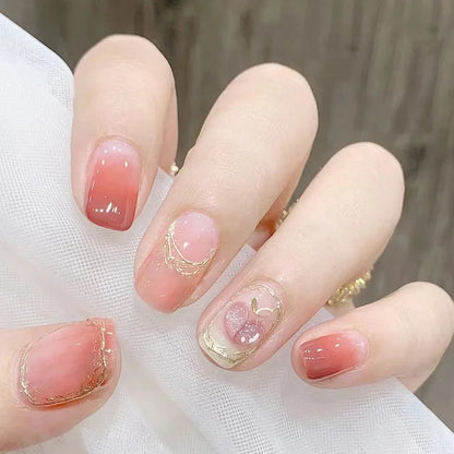 24Pcs Short Square False Nails Press on Blue Irregular French Love Heart Fake Nails Shiny Powder Wearable Full Cover Nails Tips