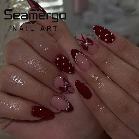24PCS Almond False Nails Ladybug Polka Dot White Red French Tip Design Press on Nails Cute Sweet Bow Wearable Removable Nail Art