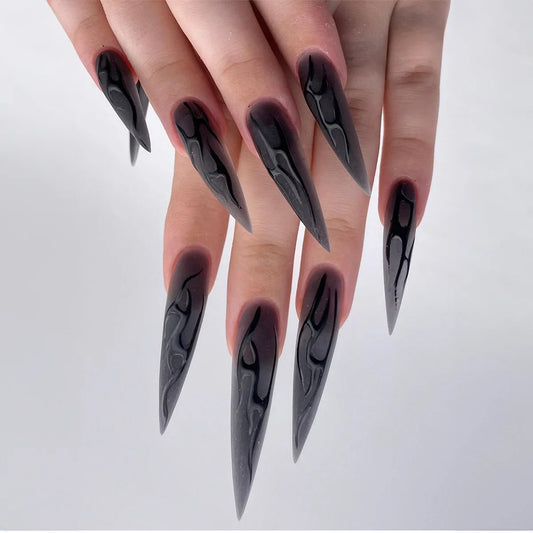 24pcs Long Stiletto Press on Nails Sets Simple Black Full Cover Nail Tips with Lines Design Fake Nail Sets Reusable False Nails