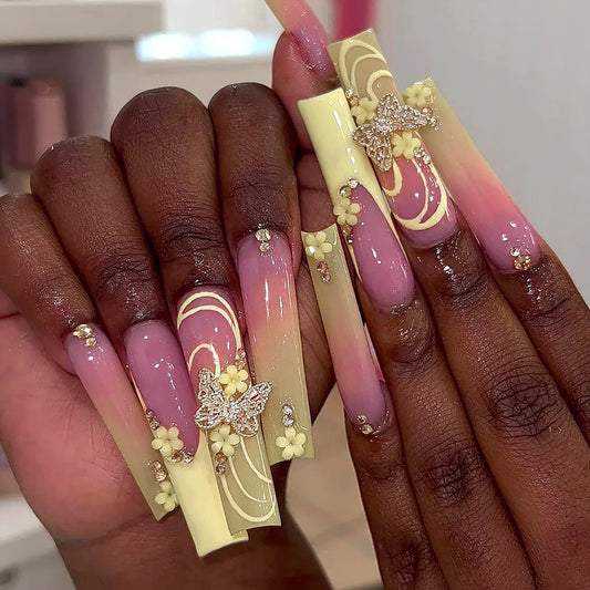 24Pcs Long Square Press on False Nails 3D Flower Butterfly Rhinestone Fake Nails Yellow Gradient French Detachable Manicure Tips