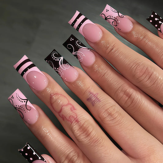 24pcs Sweet Punk Fake Nail Tips Pink Black French Polka Dot Striped Design INS Fashion Press On Nails Long Coffin False Nails