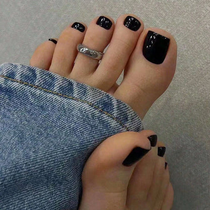 24PCS Women's Solid Color Black Toenail Press, Matte Fake Toenail Press, Short Square Acrylic Press, Reusable Black Toenail