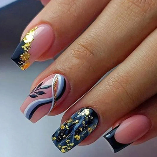 24pcs Flower Stick on Nail Art Sweet Colorful Short Square Fake Nail Tips Wearable Simple French Ballet Press on False Nails Set