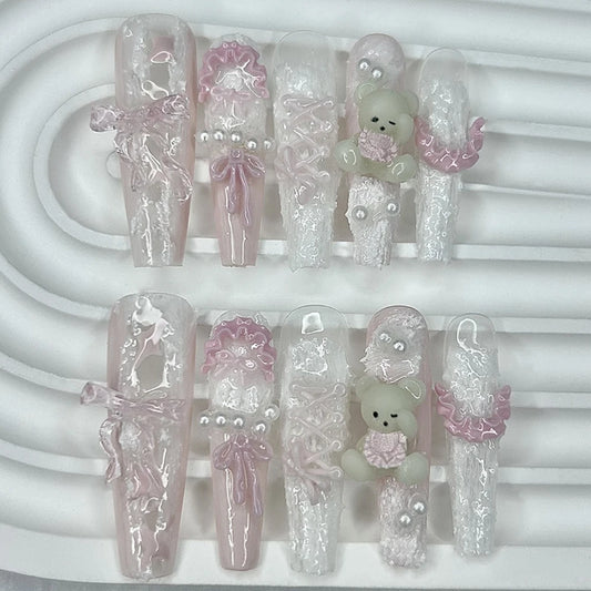 10PCS Cute Pink Blue Lolita French Lace Handmade Press On Nails 3D Teddy Bear Bow Pearl Fake Nails Sweet Elegant Long Nail Art