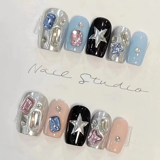 10pcs high-end Spice Girl blue pink jump color cute wind handmade fake nails, Cute style women's nail patch
