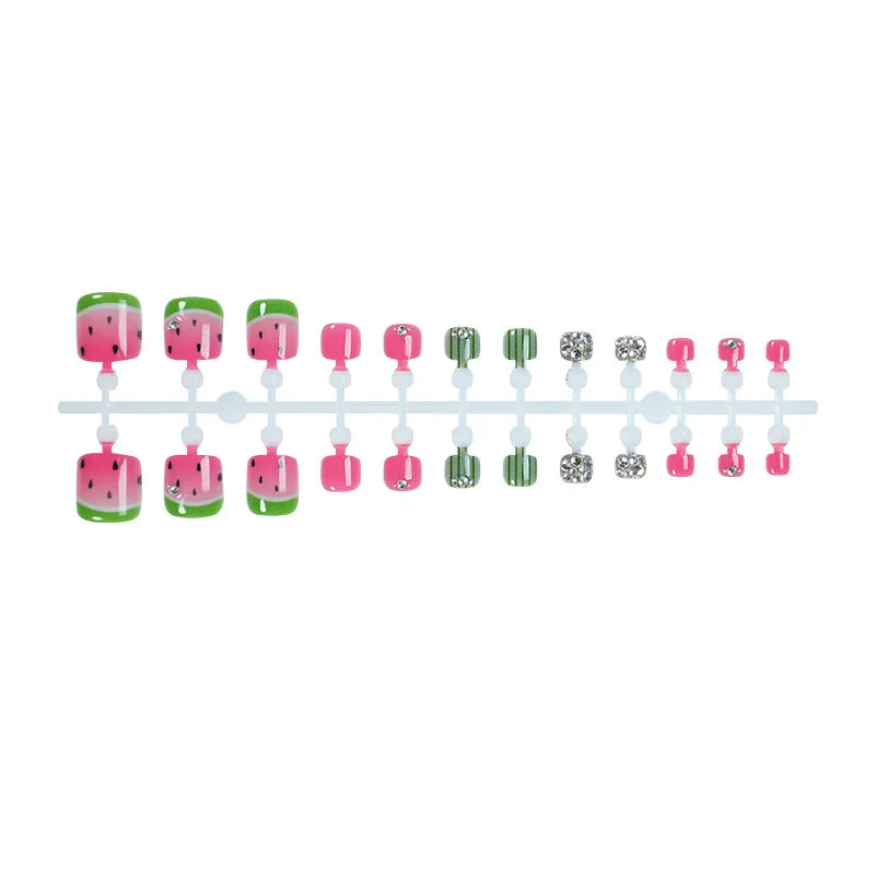 24pcs Colorful Painted Watermelon Fake Toenails Little Fresh Summer Beach Wearable False Toenail Shiny Diamond Press On Toenails