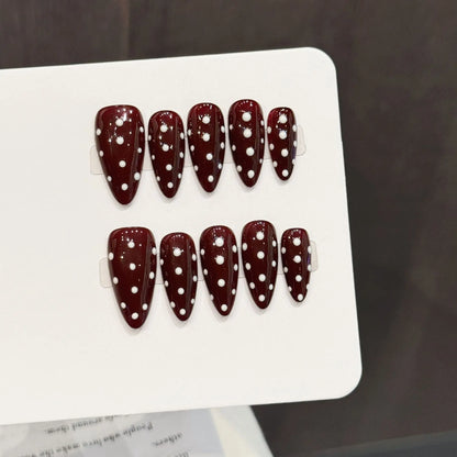10pcs Autumn Winter Handmade Fake Nails Nude Brown Almond Simple False Nails White Wave Point Designs Daily Press On Nails