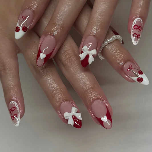 24Pcs Red White Lace French False Nails Mid-length Almond Wearable Press on Fake Nails 3D Bow Cherry Heart Full Cover Nails Tips