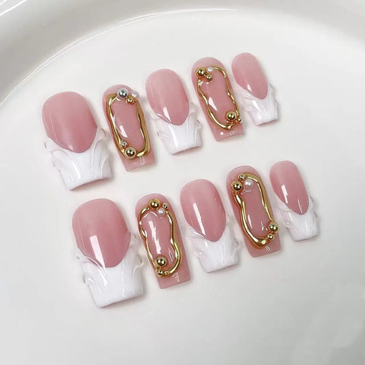 10pcs high-end Luxury-lite style design, hand-painted waves, shiny golden lines and pearls handmade fake nails