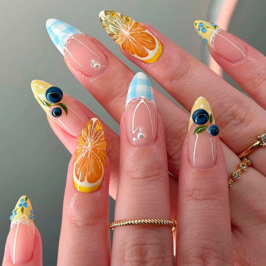 3D Lemon Blueberry Flowers Summer Fashion Polka Dot Blue Yellow French False Nails Detachable Finished Fake Nails Press on Nails