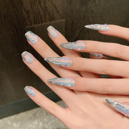 10pcs Silver Aurora Long Stiletto Fake Nails Metal Edge Design Punk Style Handmade Press On Nails Spicy Girl Wearable False Nail